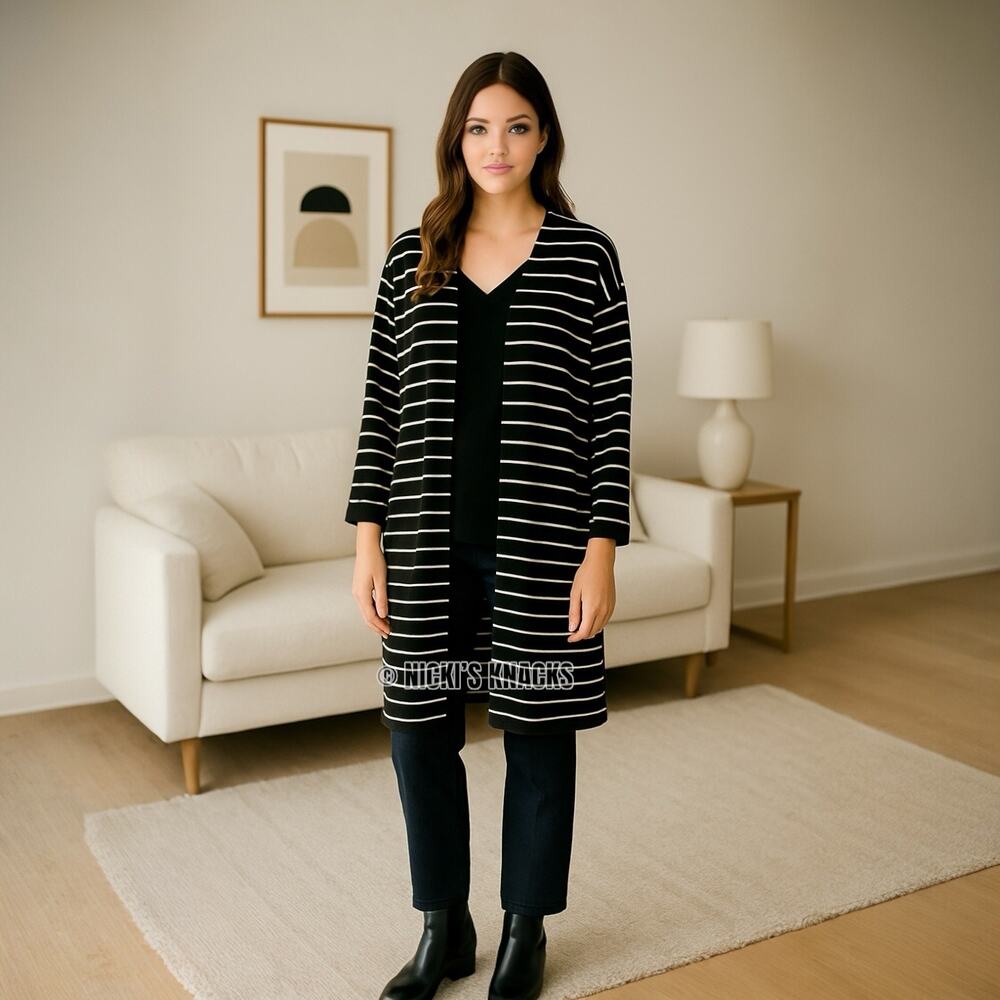 Bluheaven Black White Striped Waffle Knit Lightweight Duster Cardigan Size M